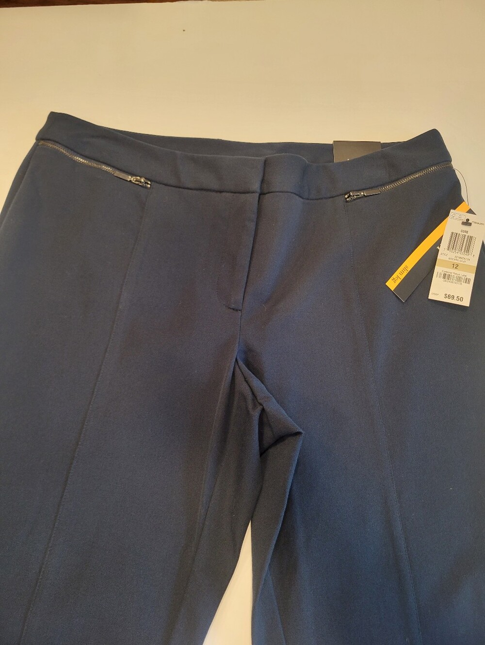NWT Alfani Navy Slim Leg Career Dress Pants Faux Zipper Accents Tummy Control 12